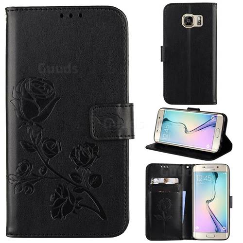 Embossing Rose Flower Leather Wallet Case for Samsung Galaxy S6 Edge G925 - Black