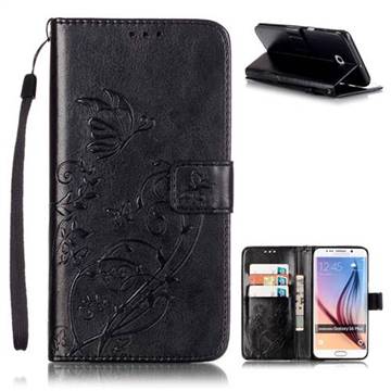 Embossing Butterfly Flower Leather Wallet Case for Samsung Galaxy S6 Edge Plus - Black