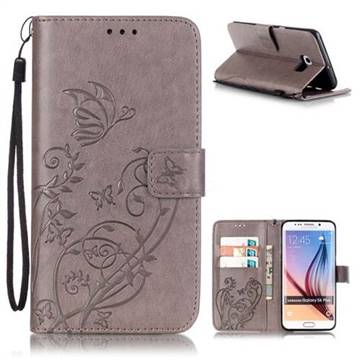 Embossing Butterfly Flower Leather Wallet Case for Samsung Galaxy S6 Edge Plus - Grey