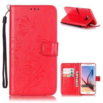 Embossing Butterfly Flower Leather Wallet Case for Samsung Galaxy S6 Edge Plus - Red