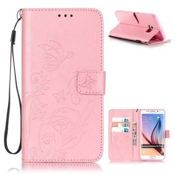 Embossing Butterfly Flower Leather Wallet Case for Samsung Galaxy S6 Edge Plus - Pink