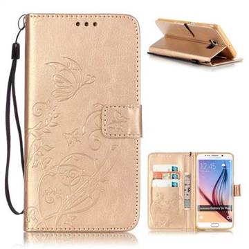 Embossing Butterfly Flower Leather Wallet Case for Samsung Galaxy S6 Edge Plus - Champagne