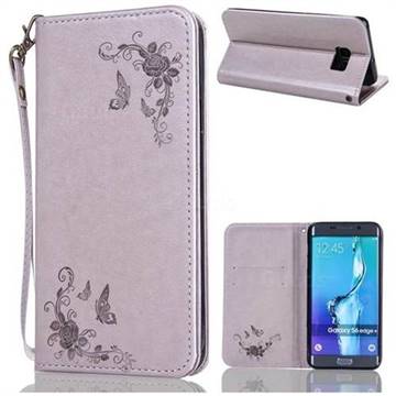 Intricate Embossing Slim Butterfly Rose Leather Holster Case for Samsung Galaxy S6 Edge Plus Edge+ G928 - Grey