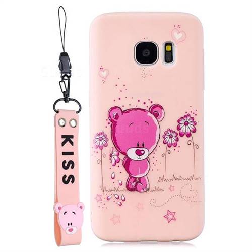 Pink Flower Bear Soft Kiss Candy Hand Strap Silicone Case for Samsung Galaxy S7 G930