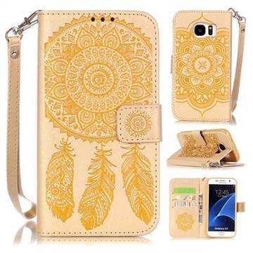 Embossing Campanula Flower Leather Wallet Case for Samsung Galaxy S7 - Golden