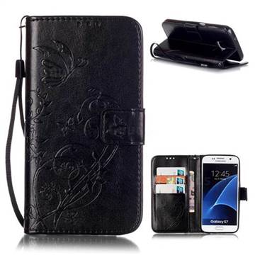 Embossing Butterfly Flower Leather Wallet Case for Samsung Galaxy S7 - Black