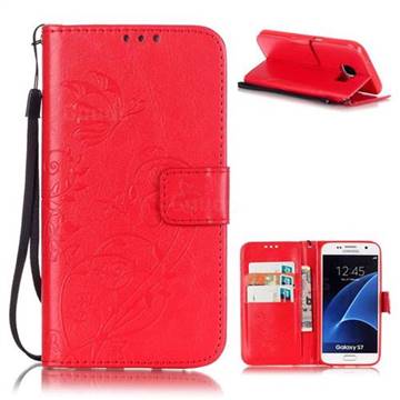 Embossing Butterfly Flower Leather Wallet Case for Samsung Galaxy S7 - Red