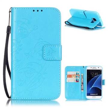 Embossing Butterfly Flower Leather Wallet Case for Samsung Galaxy S7 - Blue