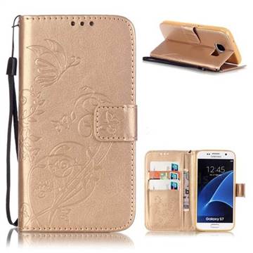 Embossing Butterfly Flower Leather Wallet Case for Samsung Galaxy S7 - Champagne