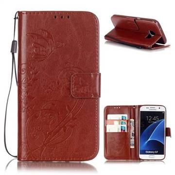 Embossing Butterfly Flower Leather Wallet Case for Samsung Galaxy S7 - Brown