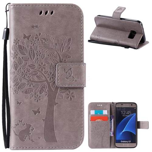 Embossing Butterfly Tree Leather Wallet Case for Samsung Galaxy S7 - Grey
