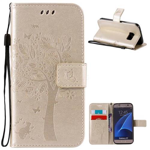 Embossing Butterfly Tree Leather Wallet Case for Samsung Galaxy S7 - Champagne