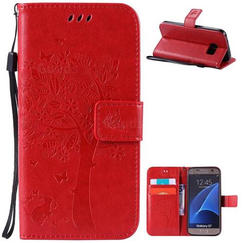 Embossing Butterfly Tree Leather Wallet Case for Samsung Galaxy S7 - Red