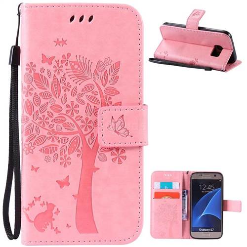 Embossing Butterfly Tree Leather Wallet Case for Samsung Galaxy S7 - Pink