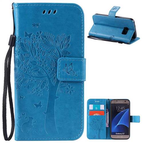 Embossing Butterfly Tree Leather Wallet Case for Samsung Galaxy S7 - Blue