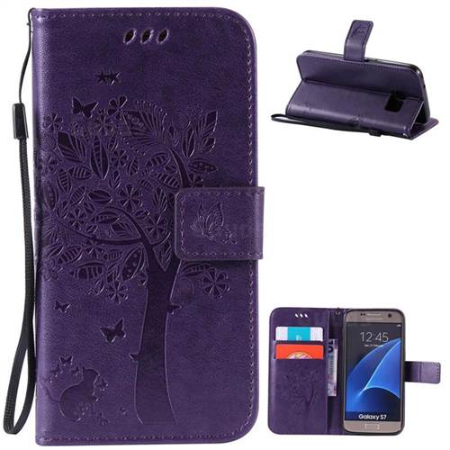 Embossing Butterfly Tree Leather Wallet Case for Samsung Galaxy S7 - Purple
