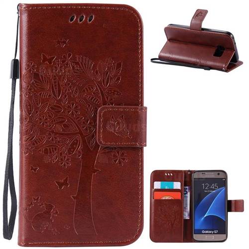 Embossing Butterfly Tree Leather Wallet Case for Samsung Galaxy S7 - Brown
