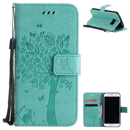 Embossing Butterfly Tree Leather Wallet Case for Samsung Galaxy S7 G930 - Cyan