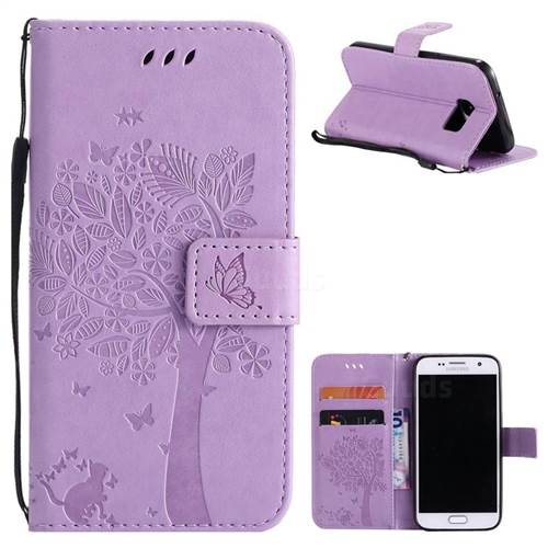 Embossing Butterfly Tree Leather Wallet Case for Samsung Galaxy S7 G930 - Violet