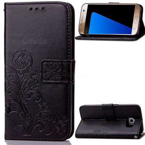 Embossing Imprint Four-Leaf Clover Leather Wallet Case for Samsung Galaxy S7 - Black