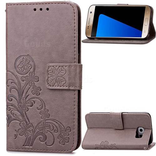 Embossing Imprint Four-Leaf Clover Leather Wallet Case for Samsung Galaxy S7 - Gray