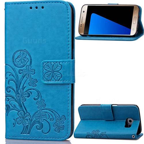 Embossing Imprint Four-Leaf Clover Leather Wallet Case for Samsung Galaxy S7 - Blue