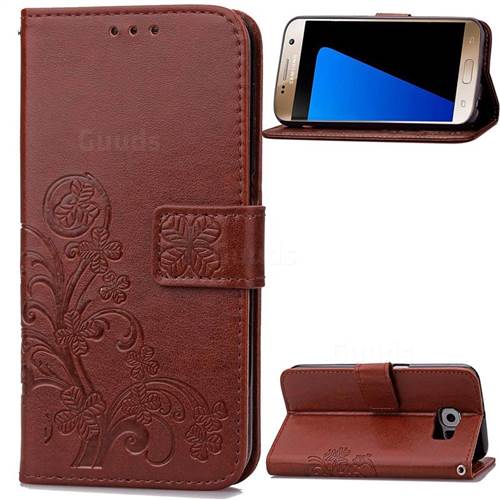 Embossing Imprint Four-Leaf Clover Leather Wallet Case for Samsung Galaxy S7 - Brown