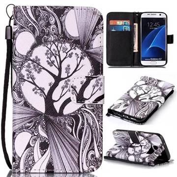 Black and White Trees Leather Wallet Phone Case for Samsung Galaxy S7