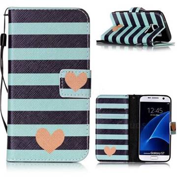 Blue Stripe Heart Leather Wallet Phone Case for Samsung Galaxy S7