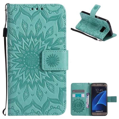 Embossing Sunflower Leather Wallet Case for Samsung Galaxy S7 G930 - Green