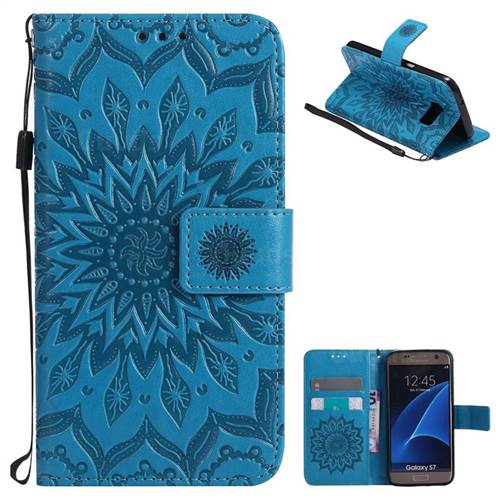 Embossing Sunflower Leather Wallet Case for Samsung Galaxy S7 G930 - Blue