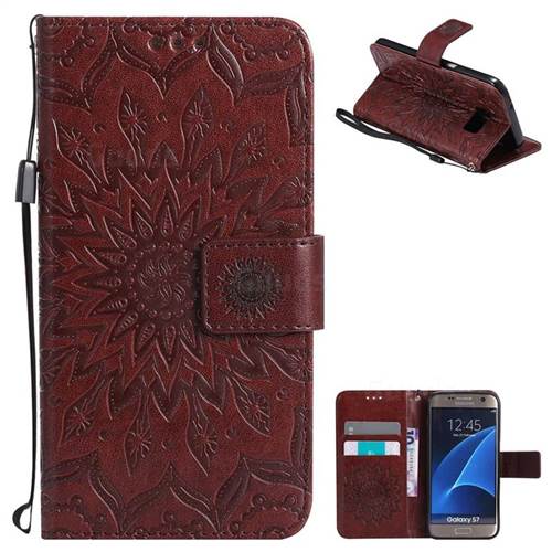 Embossing Sunflower Leather Wallet Case for Samsung Galaxy S7 G930 - Brown