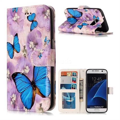 Purple Flowers Butterfly 3D Relief Oil PU Leather Wallet Case for Samsung Galaxy S7 G930