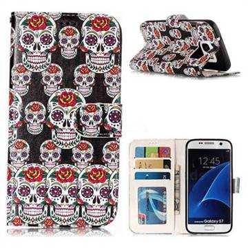 Flower Skull 3D Relief Oil PU Leather Wallet Case for Samsung Galaxy S7 G930