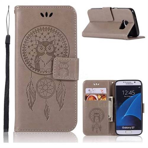 Intricate Embossing Owl Campanula Leather Wallet Case for Samsung Galaxy S7 G930 - Grey