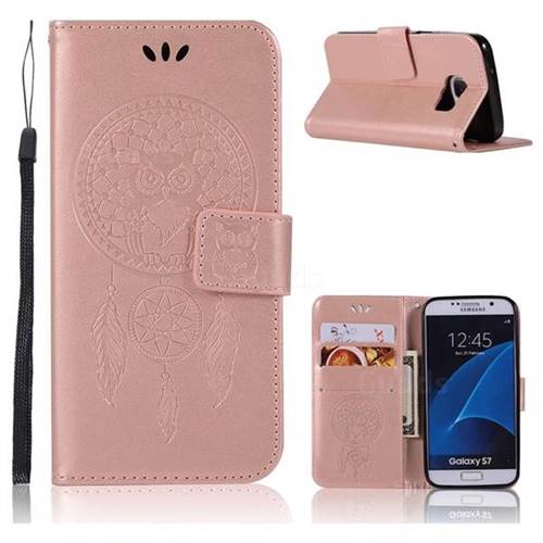 Intricate Embossing Owl Campanula Leather Wallet Case for Samsung Galaxy S7 G930 - Rose Gold