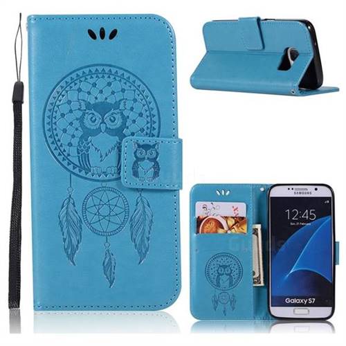 Intricate Embossing Owl Campanula Leather Wallet Case for Samsung Galaxy S7 G930 - Blue