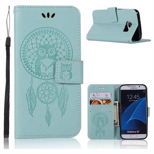 Intricate Embossing Owl Campanula Leather Wallet Case for Samsung Galaxy S7 G930 - Green