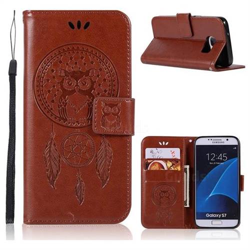 Intricate Embossing Owl Campanula Leather Wallet Case for Samsung Galaxy S7 G930 - Brown