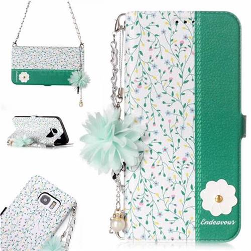 Magnolia Endeavour Florid Pearl Flower Pendant Metal Strap PU Leather Wallet Case for Samsung Galaxy S7 G930