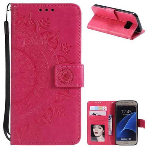 Intricate Embossing Datura Leather Wallet Case for Samsung Galaxy S7 G930 - Rose Red