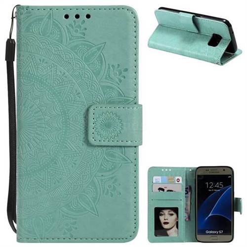 Intricate Embossing Datura Leather Wallet Case for Samsung Galaxy S7 G930 - Mint Green