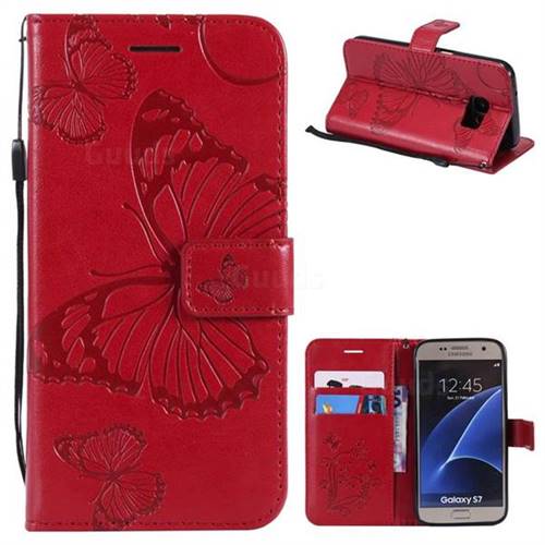 Embossing 3D Butterfly Leather Wallet Case for Samsung Galaxy S7 G930 - Red