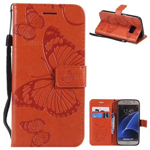Embossing 3D Butterfly Leather Wallet Case for Samsung Galaxy S7 G930 - Orange