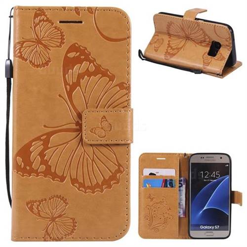 Embossing 3D Butterfly Leather Wallet Case for Samsung Galaxy S7 G930 - Yellow