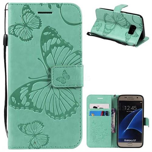 Embossing 3D Butterfly Leather Wallet Case for Samsung Galaxy S7 G930 - Green