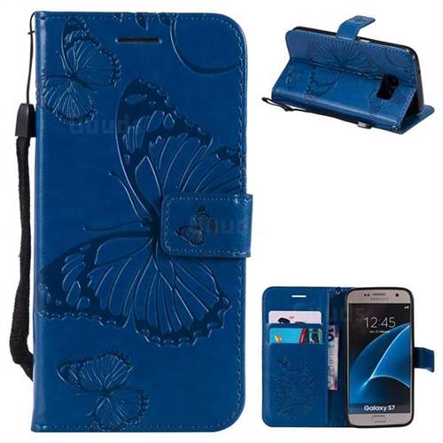 Embossing 3D Butterfly Leather Wallet Case for Samsung Galaxy S7 G930 - Blue