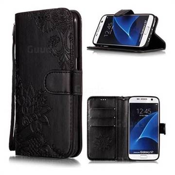 Intricate Embossing Lotus Mandala Flower Leather Wallet Case for Samsung Galaxy S7 G930 - Black