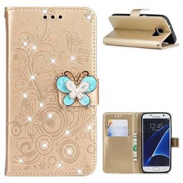 Embossing Butterfly Circle Rhinestone Leather Wallet Case for Samsung Galaxy S7 G930 - Champagne