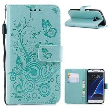 Intricate Embossing Butterfly Circle Leather Wallet Case for Samsung Galaxy S7 G930 - Cyan